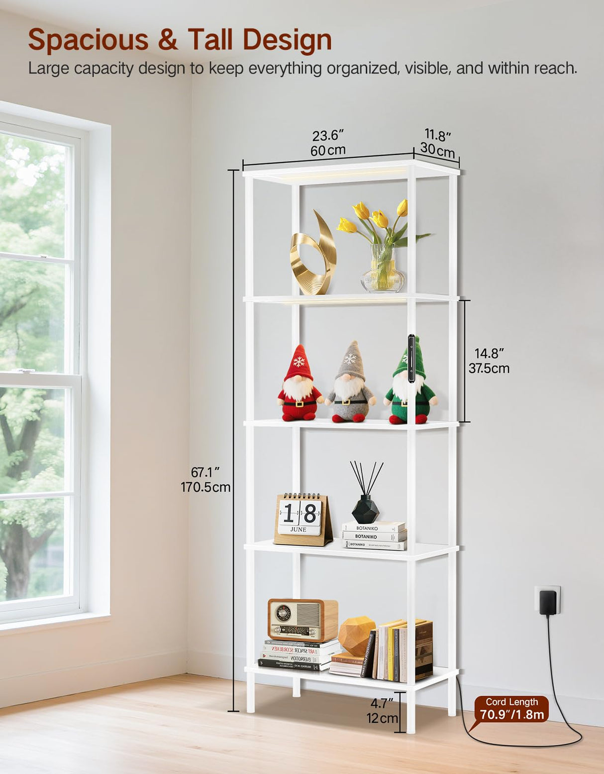 OUTONLIFE 5 Tier Bookshelf with LED Light, Dimmable Bookcase with Touch & Remote Control, 3 Color Temperatures, Tall Modern Display Standing Shelf for Living Room, Bedroom, Home Office (White) OUTONLIFE