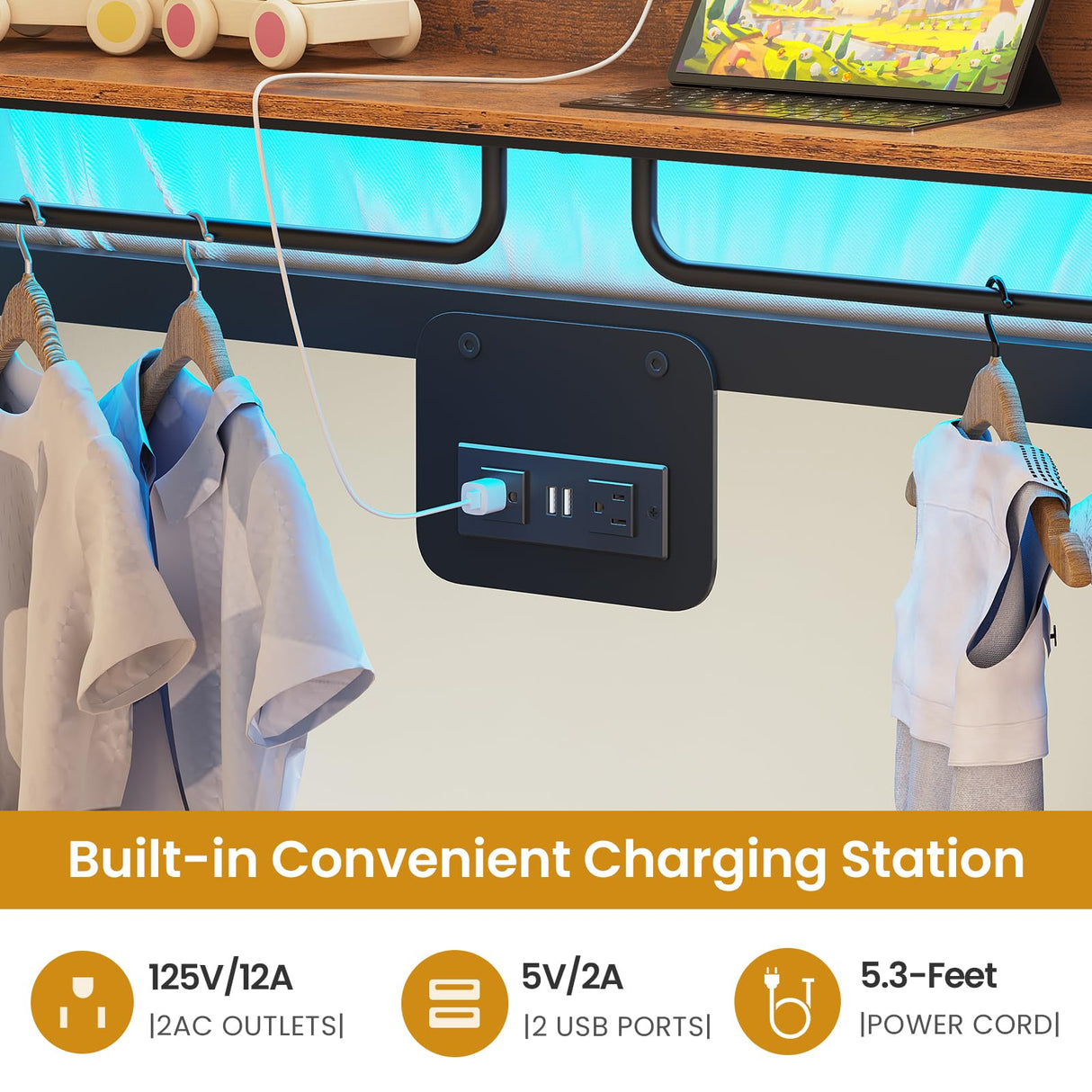 Itaar Metal Bunk Bed Twin Over Twin with Hall Tree, Power Outlet, LED Bunk Bed with 4 Storage Drawers, Bed with Safety Guardrail & Ladders, No Box Spring Needed, Easy Assembly, Rustic Brown Itaar