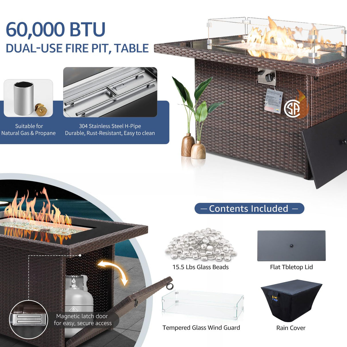 NICESOUL Outdoor Patio Furniture Set with Fire Pit Natural Gas/Propane, 29.3'' High-Back XL Large Conversations for Exteriors, 9-Seater Wide Deep Seating Rattan Sectional Sets, Brown and Black NICESOUL