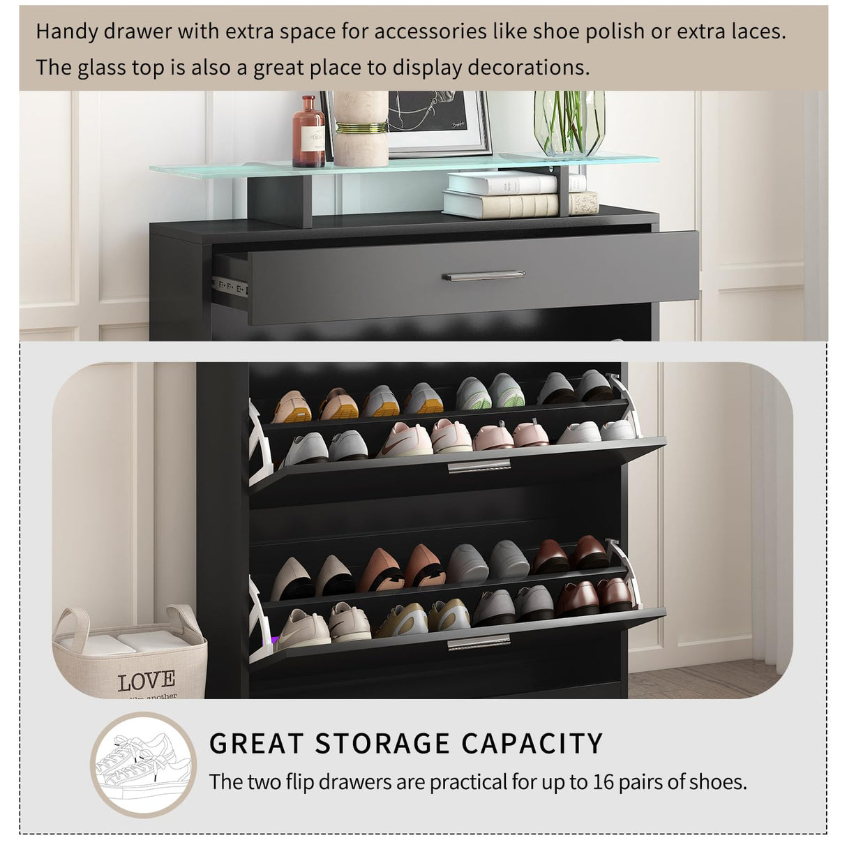 Harper & Bright Designs Slim Entryway Organizer with 2 Flip Drawers, Tempered Glass Top Shoe Storage Cabinet with Drawer, Free Standing Shoe Rack with LED Light for Hallway, Black Harper & Bright Designs