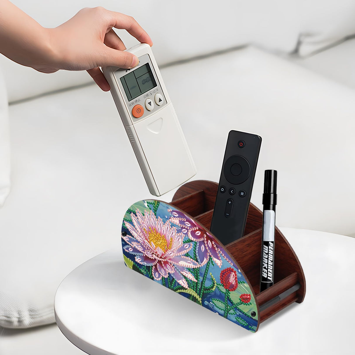 DIY Diamond Painting Remote Control Holder – Blooming Pink Lotus Design with Blue Water Background, Diamond Art Decorative Organizer Box for TV/AC Remotes, Makeup Brushes, Desk Supplies AiYuanzsh