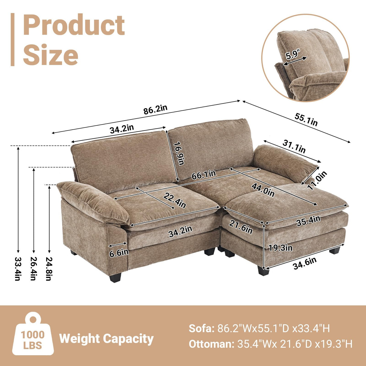 VINGLI 87" Convertible Sectional Sofa,L-Shaped Deep Seat Sofa Couch for Living Room,Modern 2-Seat Loveseat Sofa with Ottoman for Small Space(Espresso Brown) VINGLI