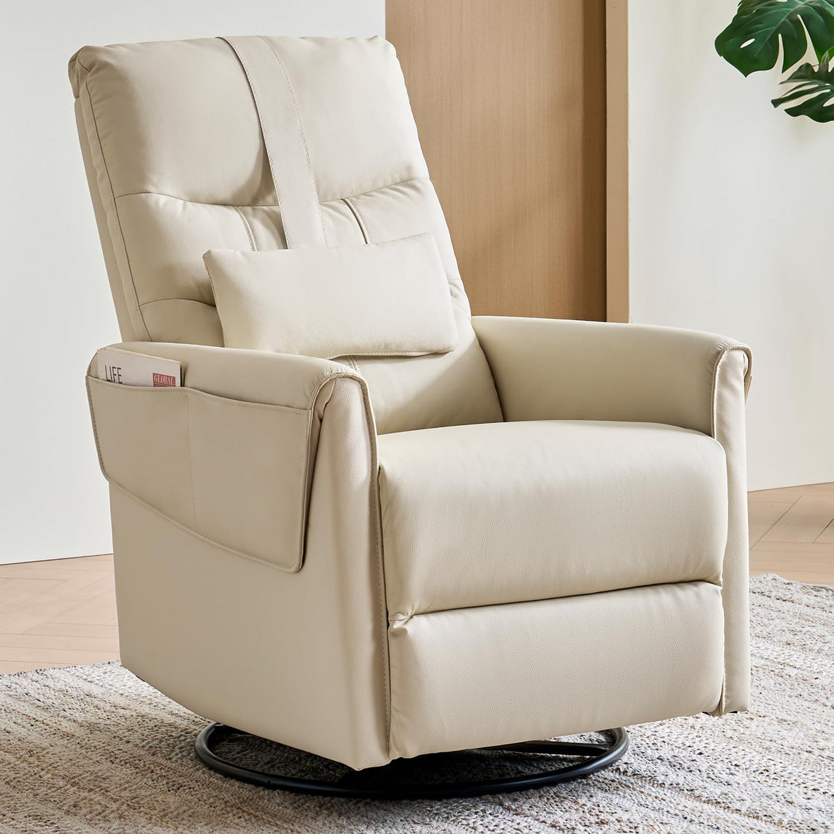 AIRSKY Leather Recliner Chair, Top Grain Leather, Italian Water-Washing Process, Movable Headrest,Swivel Rocker Recliner, Nursery Rocking Chairs,Wall Hugger Recliners, Living Room Chair, Beige, R3 AIRSKY