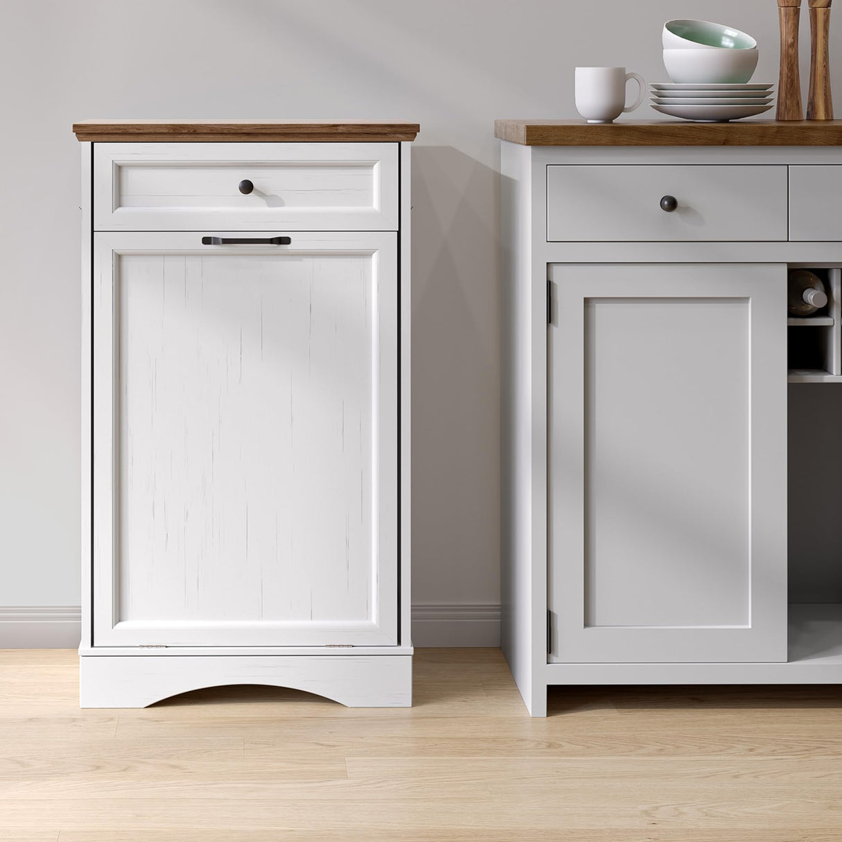 NEWOWNDS Tilt Out Trash Can Cabinet 10 Gallon Hidden Trash Garbage Can Cabinet with Drawer,Waterproof Cutting Board,Pet Proof Hidden Garbage,Pet Feeding Bowls for Kitchen,Laundry Bathroom,White NEWOWNDS