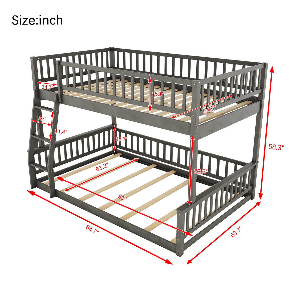 Merax Wooden Bunk Bed Full XL Over Queen for Adults Teens, Full XL Over Queen Bunk Beds with Incline Ladder and Guardrails, Bunk Beds Can Be Divided into 2 Platform Beds, Wood Slats, Grey Merax
