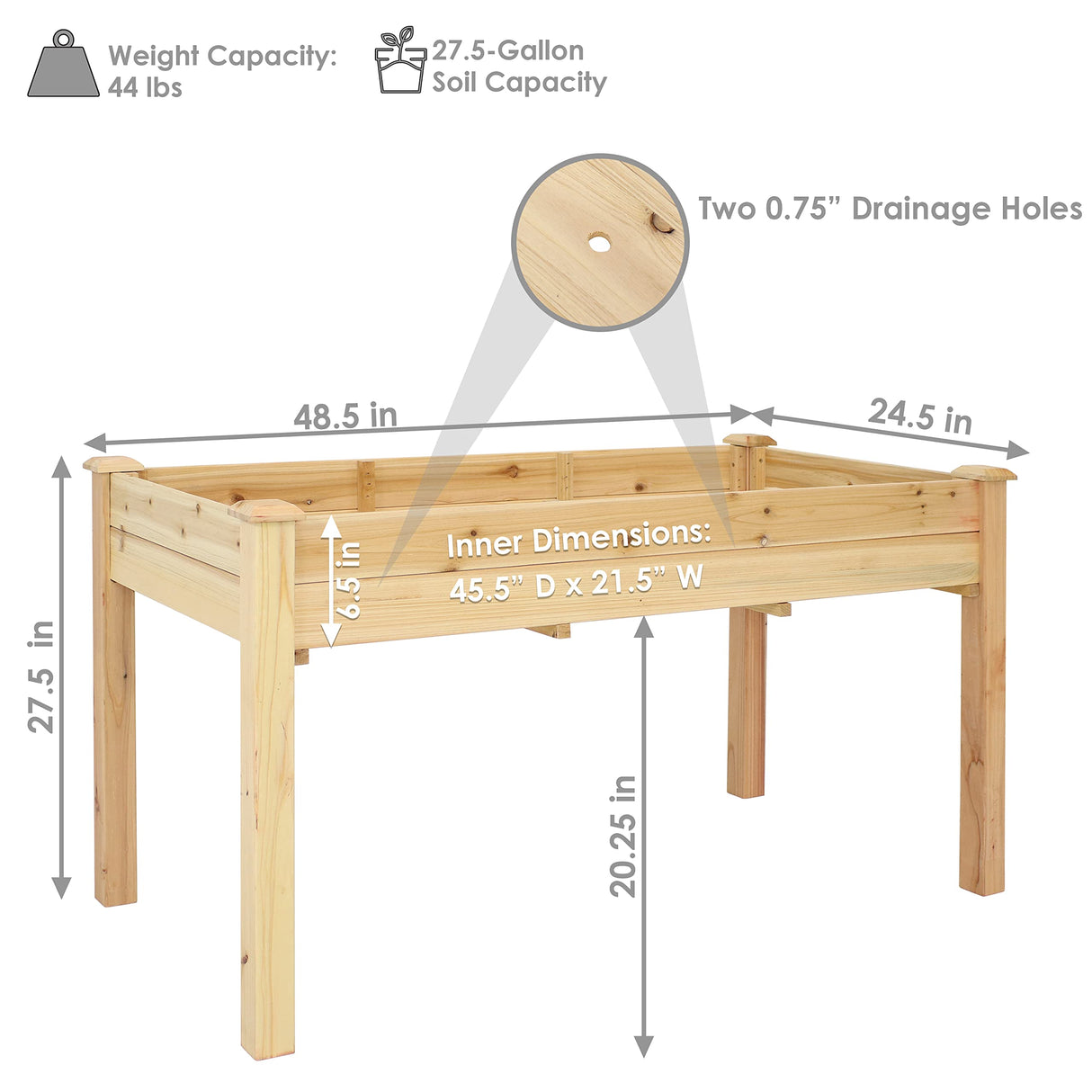 Sunnydaze 48.5-Inch Wood Raised Garden Bed - Outdoor Rectangular Elevated Planter Box with 2 Drainage Holes Sunnydaze