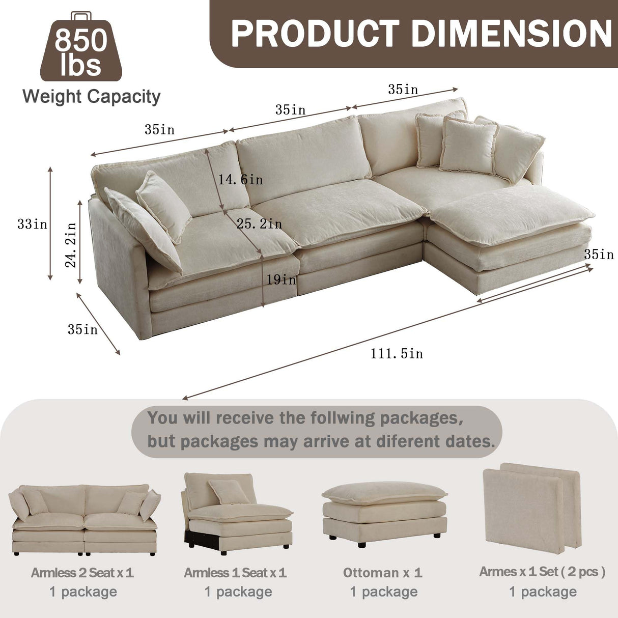 Modular Sectional Sofa, 111.53" L Shaped Chenille Comfy Sectional Couches for Living Room, 3-Seater Cloud Couches with Movable Ottomans, Flexible Combination Modern Deep Seat Sofa (Light Coffee) Ravy Concept