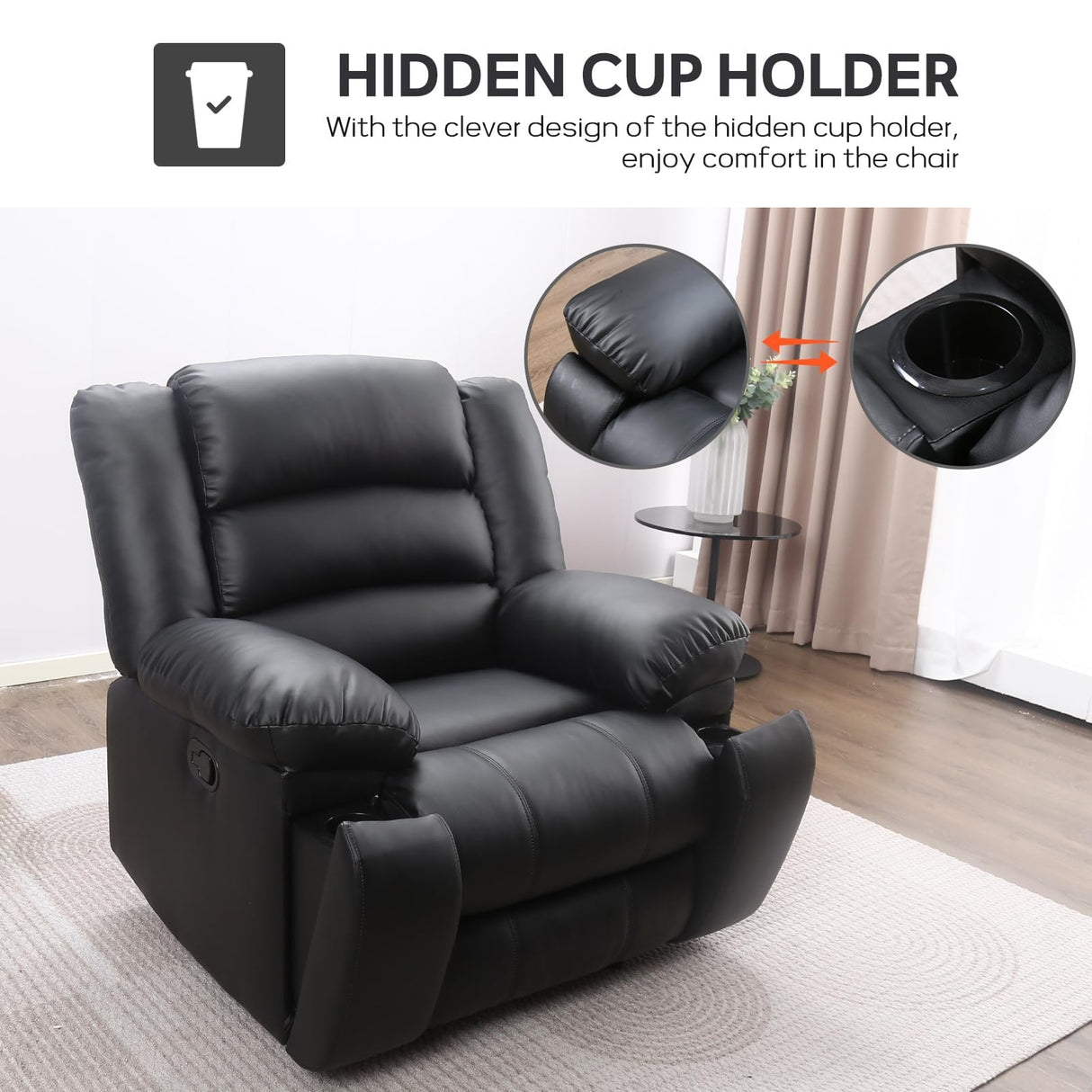 EBELLO Faux Leather Manual Recliner Chair, Single Reclining Sofa Chair Couch with 2 Concealed Cup Holders, Overstuffed Armrest Backrest for Living Room, Bedroom, Meeting Room, Black EBELLO