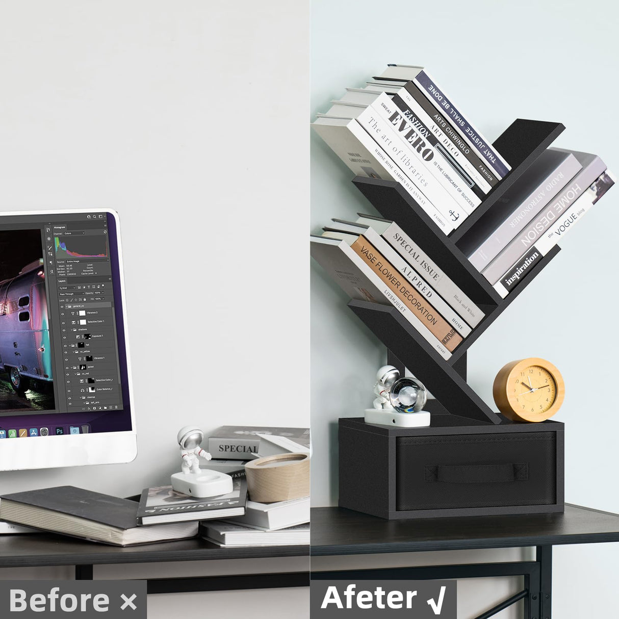 SHEEPAM 4-Tier Classic Black Tree Bookshelf with Drawer – Modern Wooden Desktop Bookcase for Organising Books and Collectibles SHEEPAM