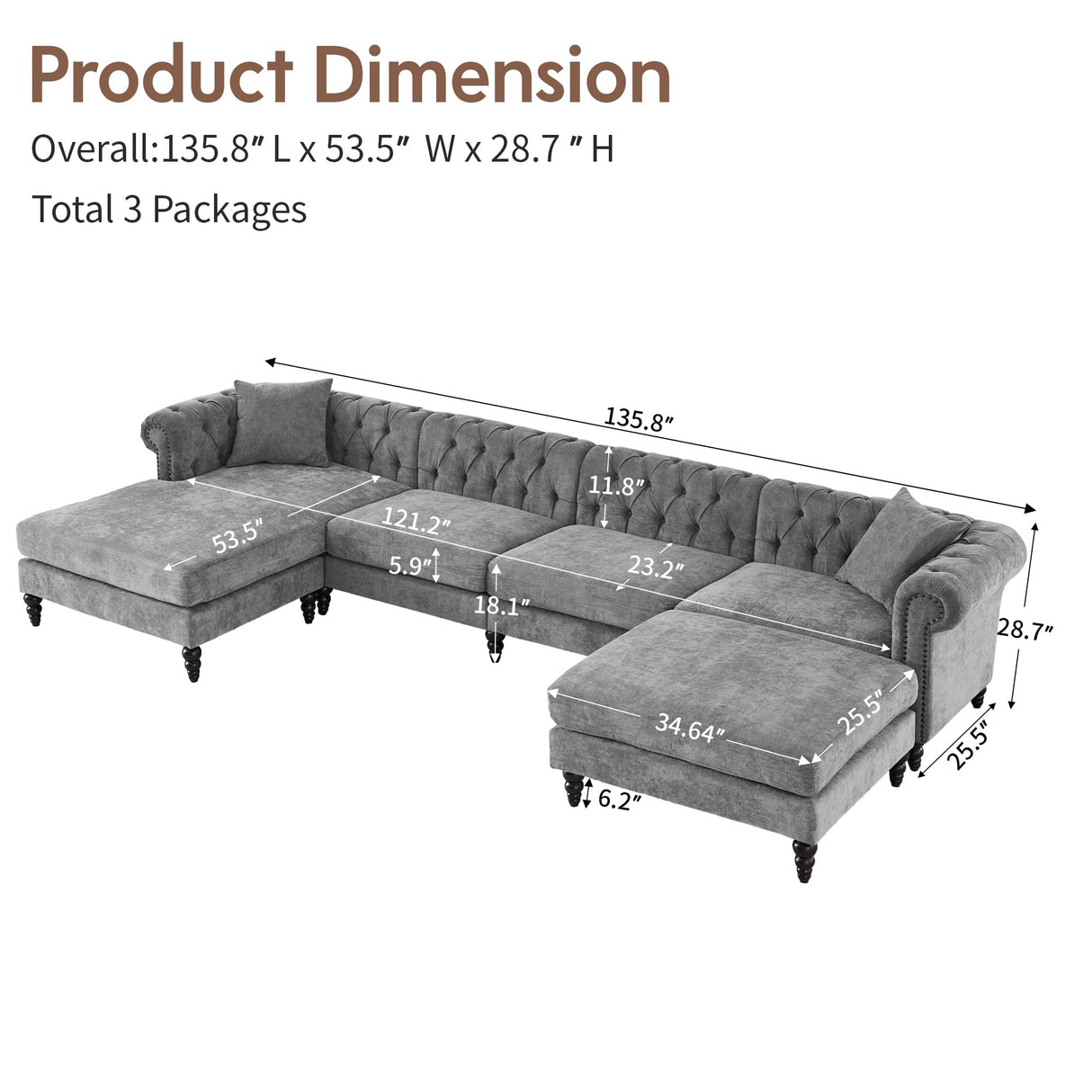 U Shaped Chesterfield Sofa, Oversized Sectional Linen Couch, Chaise Ottoman Sofa Upholstered Accent Tufted Couch with Rolled Armrest and Nailhead Design for Living Room, Office - Grey ORRD