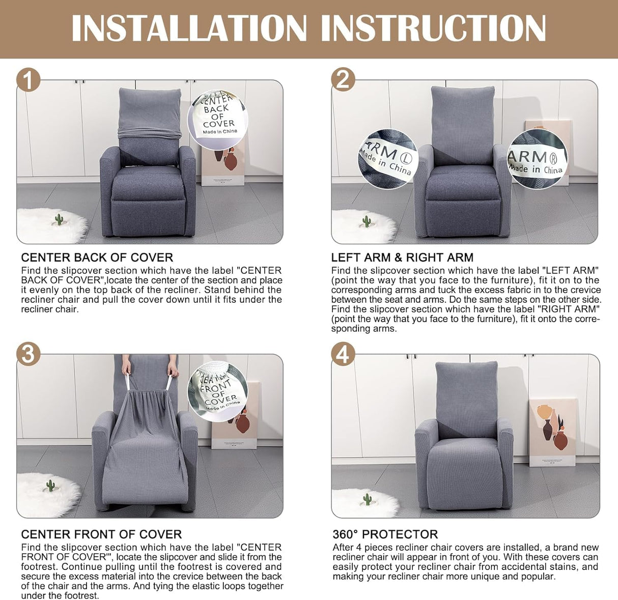 SearchI Recliner Chair Cover Jacquard Chair Covers 4 Piece, Small Recliner Sofa Slipcover for Home Theater Seating with Elastic Bottom, Recliner Protector with Pocket for Recliners, Beige SearchI