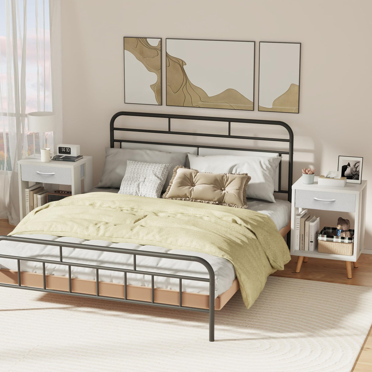 GYIIYUO Nightstands Set of 2 with Fabric Storage Drawer and Open Wood Shelf, Side Table with Storage for Bedroom, Night Stand with Drawer for Bedroom, Bedside Tables - White 24" H GYIIYUO