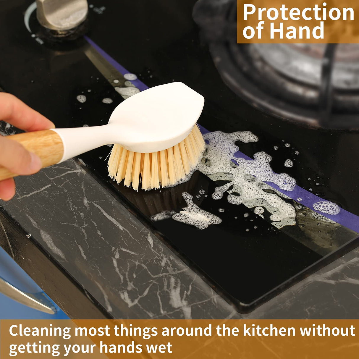 2 Pack Kitchen Dish Brush Bamboo Handle Dish Scrubber Built-in Scraper, Scrub Brush for Pans, Pots, Kitchen Sink Cleaning, Dishwashing and Cleaning Brushes are Perfect Cleaning Tools, White Songtaste