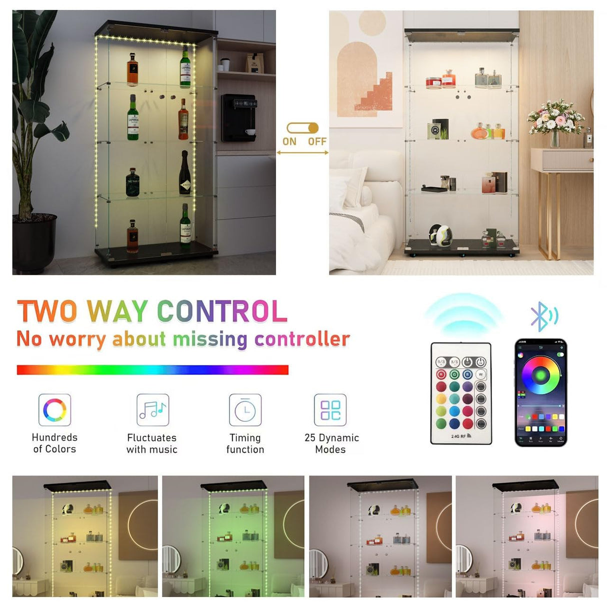 KUVADAZ 4-Shelf Glass Display Cabinet with Bluetooth LED Light Strip, 2-Door Floor Standing Curio Cabinet with Universal Wheel for Living Room, Black Glass Bookshelf for Collections, Wood Top KUVADAZ