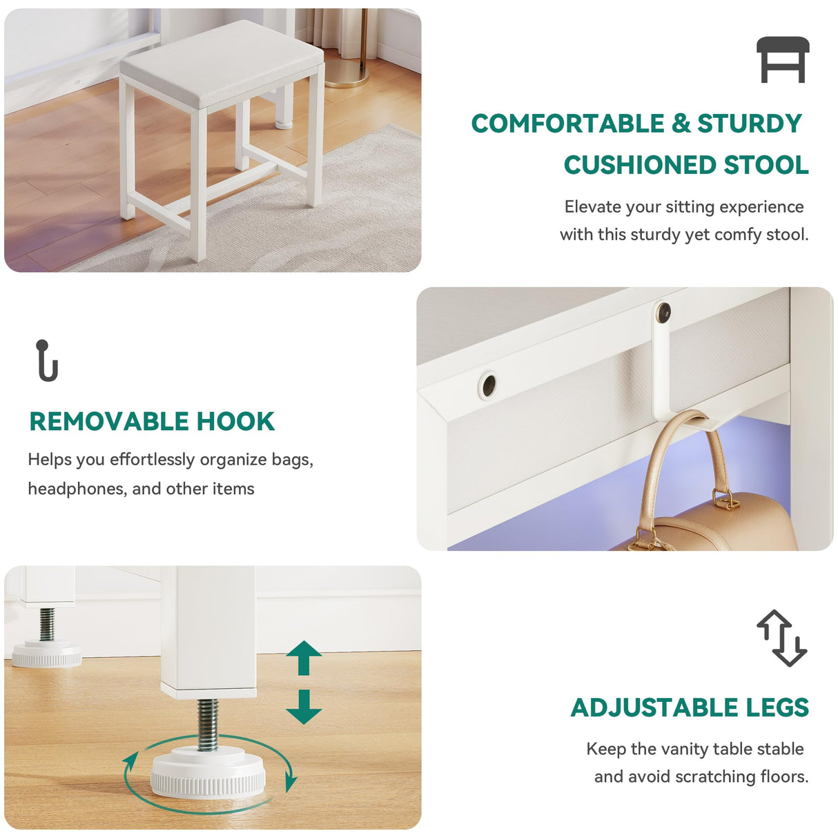 YITAHOME Vanity Desk Set with LED Mirror & Charging Station, 4-Drawer Makeup Table with Light Strip and Stool, Modern Dressing Table YITAHOME