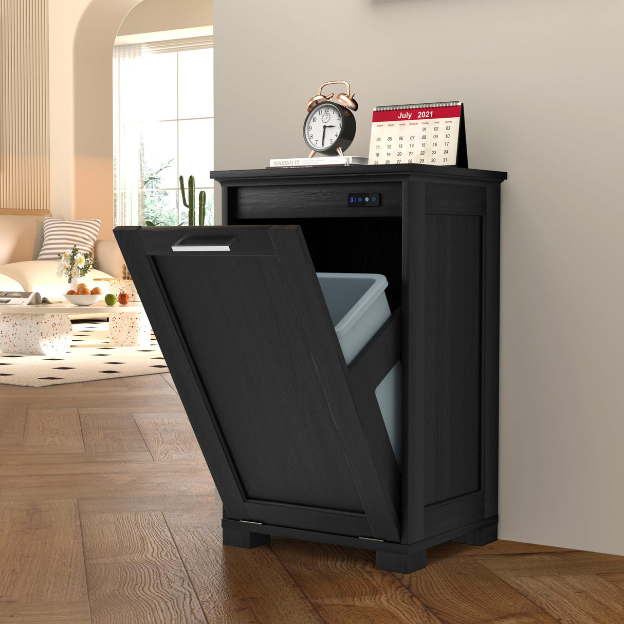 Ymise Tilt Out Trash Can Cabinet, 10 Gallons Trash Cabinet with Deodorising Function, Wooden Freestanding Garbage Can Cabinet for Home and Kitchen Hidden Laundry Hamper Cabinet, Black Ymise