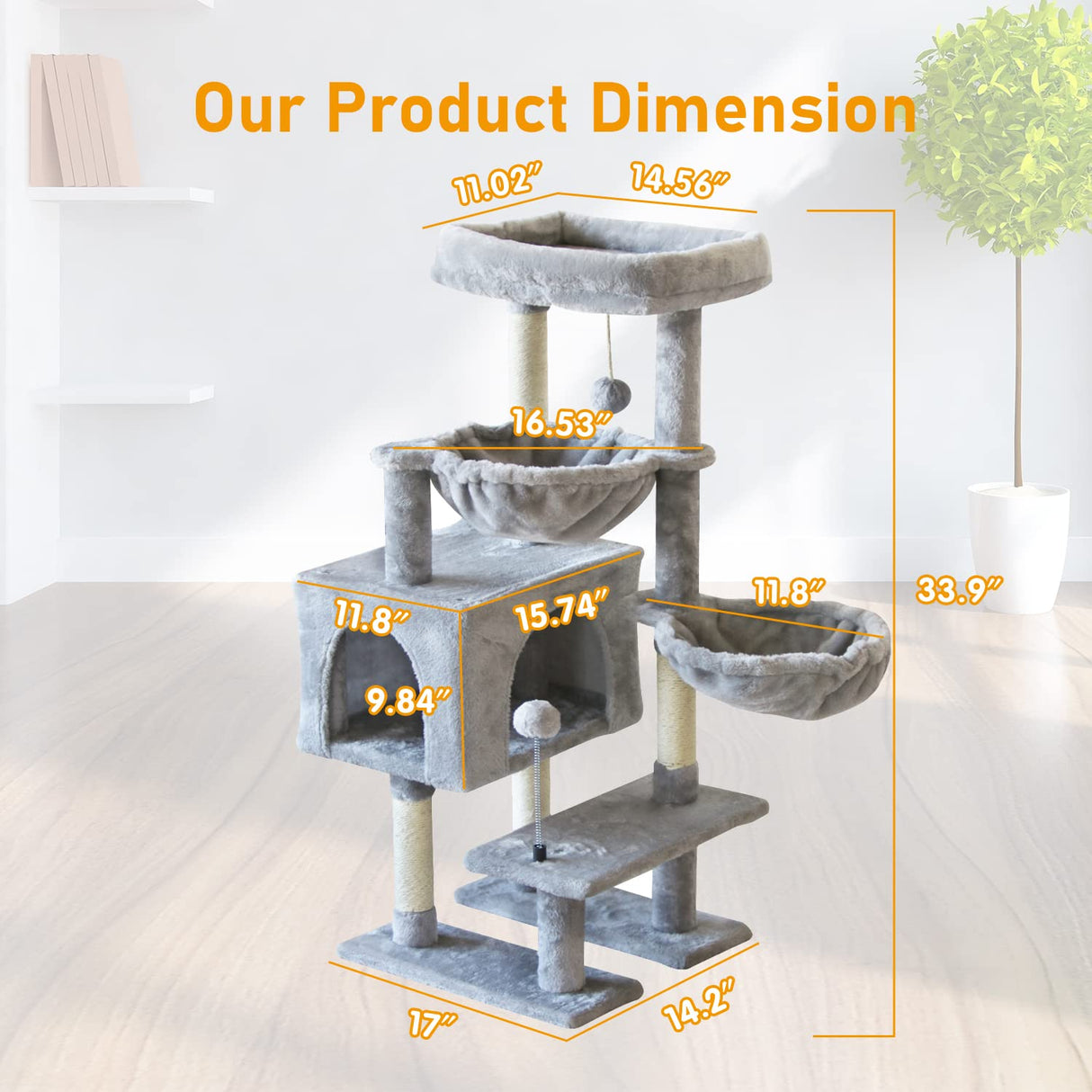 KIYUMI Cat Tree Cat Tower Condo with Sisal Scratching Post for Indoor Cats Cat Tree Cat Furniture with Hammock Perch and Kitten Ball Toys, Multi-Level Pet Activity Center Grey KIYUMI