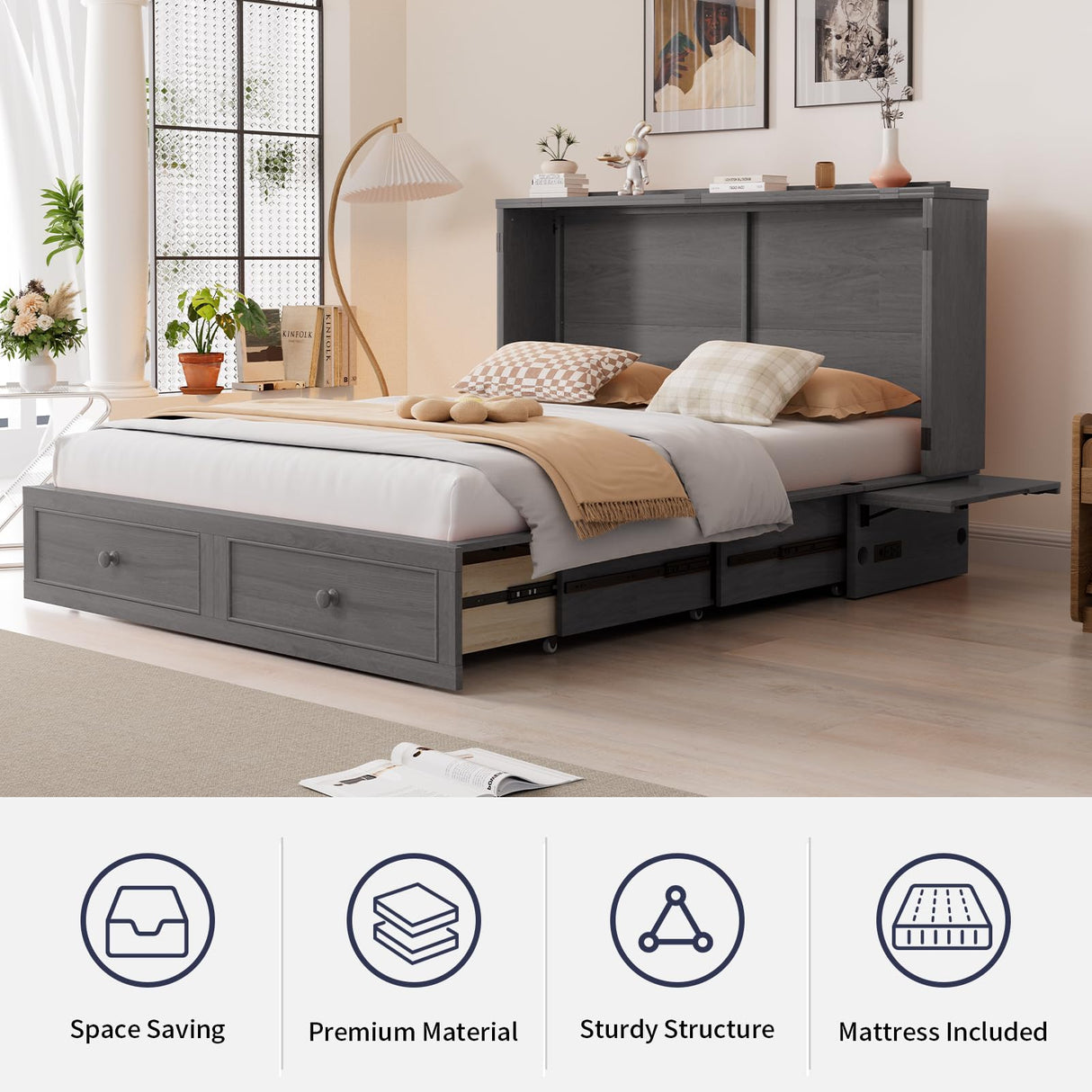 ijuicy Queen Size Murphy Bed with Foam Mattress and Side Storage Board, Cube Cabinet Bed with Charging Station Large Storage Drawers, Space-Saving Foldable Hideaway Bed-Grey ijuicy