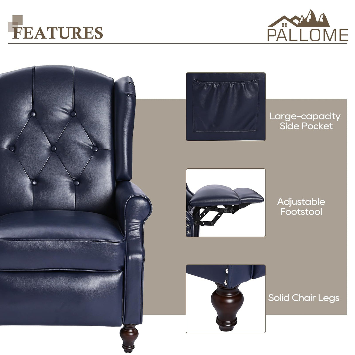 PALLOME Wingback Recliner Chair with Massage and Heat PU Leather Push Back Arm Chair, Recliner Chair for Living Room Bedroom Home Theater (1,Navy Blue) PALLOME