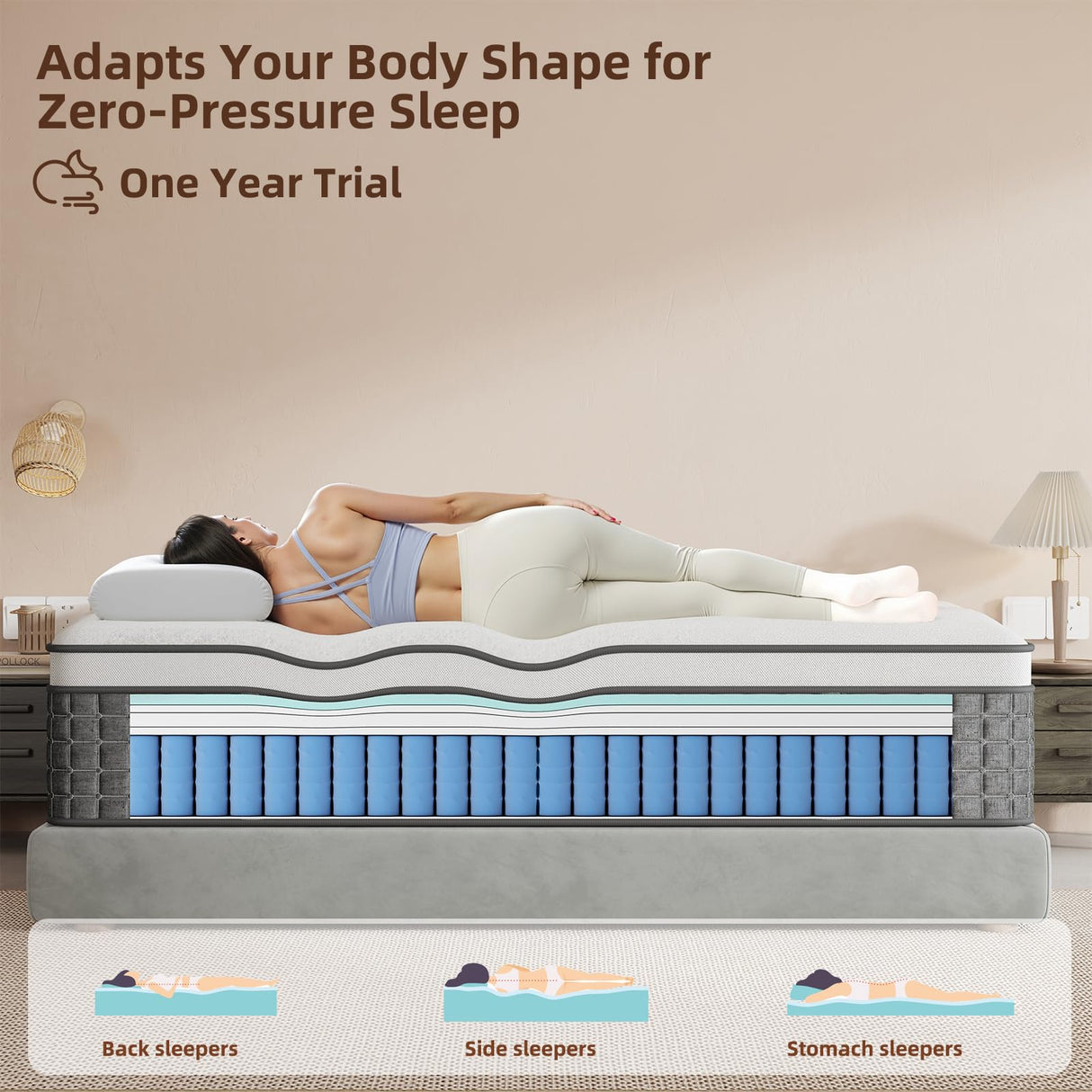 Mattress Queen Size, Medium Firm 14 Inch Mattress with Extra Lumbar & Shoulder Support, Hybrid Mattresses with Gel Memory Foam Pain Relief - Fiberglass Free - No Odor - 365 Night Trial PUBPLON