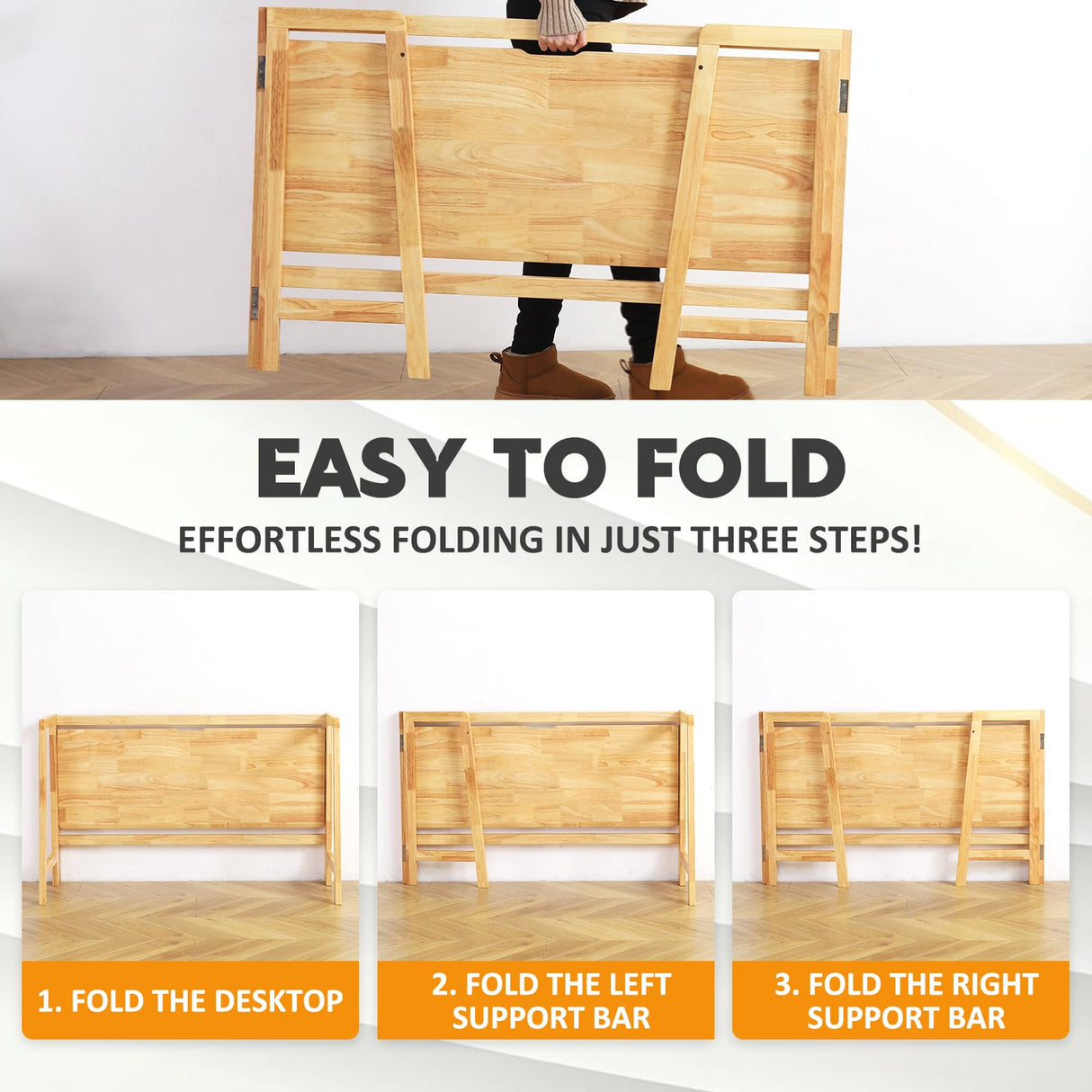 Solid Wood Folding Desk Mid Century Modern Desk, 47'' Foldable Writing Computer Desk for Home Office, Simple Study Makeup Workstation, Wooden Study Office Desk Table for Small Spaces, Natural Color Fetuero