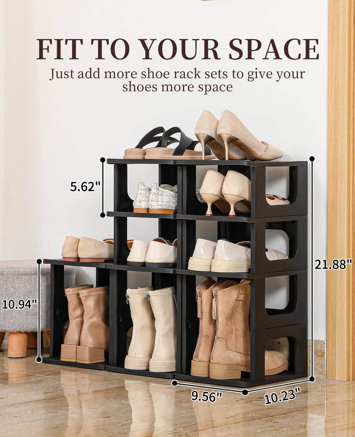 Shoe Organizer Rack for Small Spaces 5 Tier Plastic Vertical Narrow Shelves for Closet Black Shoe Holder, Stand for Entryway Storage Boots Organizer Stackable Cabinet HAIXIN