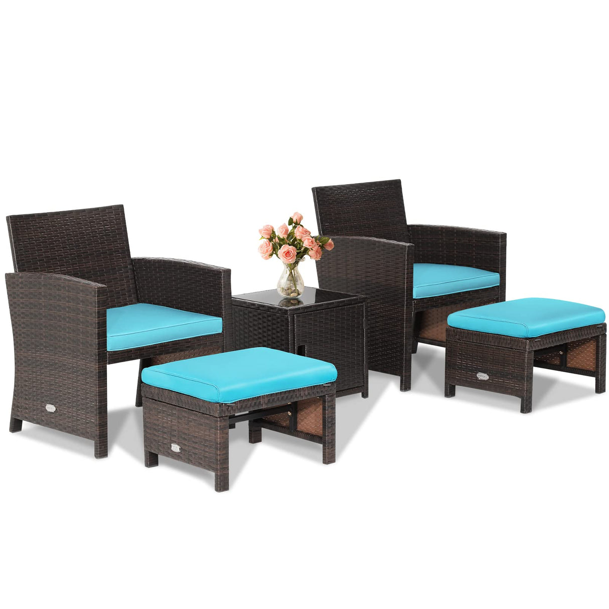 Tangkula 5 Pieces Wicker Patio Furniture Set with Waterproof Cover,Patiojoy Outdoor Cushioned Chairs and Ottoman Set with Single-Door Storage Coffee Table,Space-Saving Tangkula