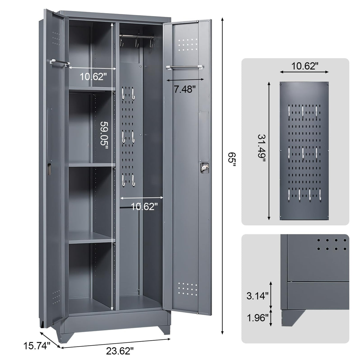NICEGDLT Broom Closet, Broom Closet Storage Cabinets with Lock, 65" Metal Garage Organization Cabinet, Cleaning Supply Utility Storage Cabinet with Pegboard & Shelves for Laundry Room,Workshop NICEGDLT