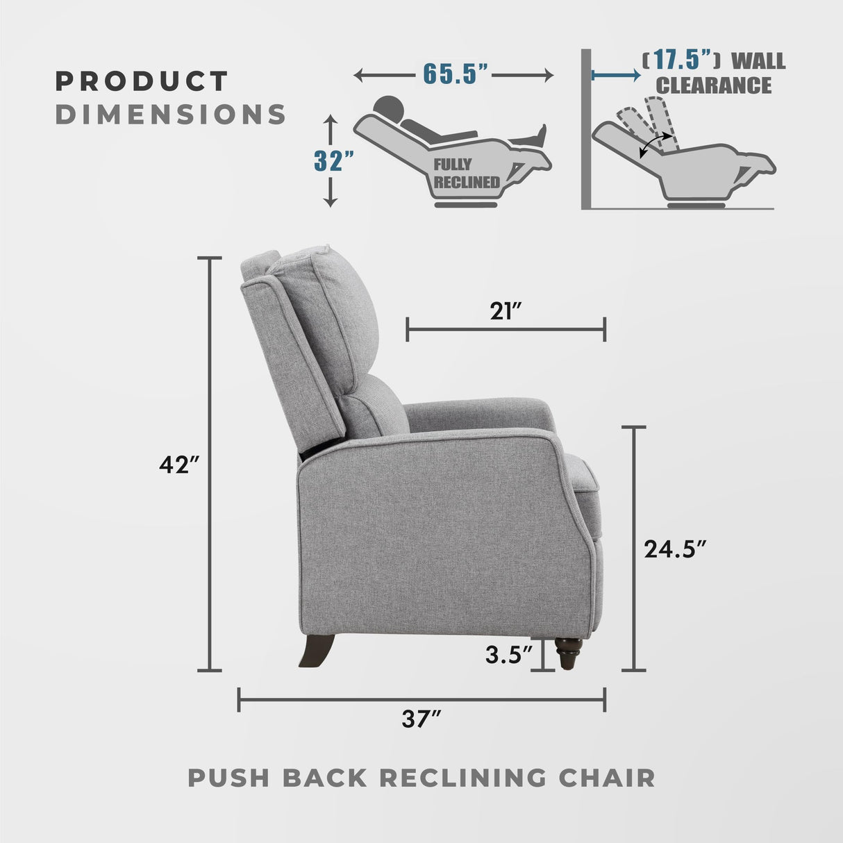 Lexicon Push Back Recliner Chair Living Room, Reclining Sofa Chair, Modern Recliner, Fabric Recliner Arm Seat for Living Room/Office/Apartment, Gray Lexicon