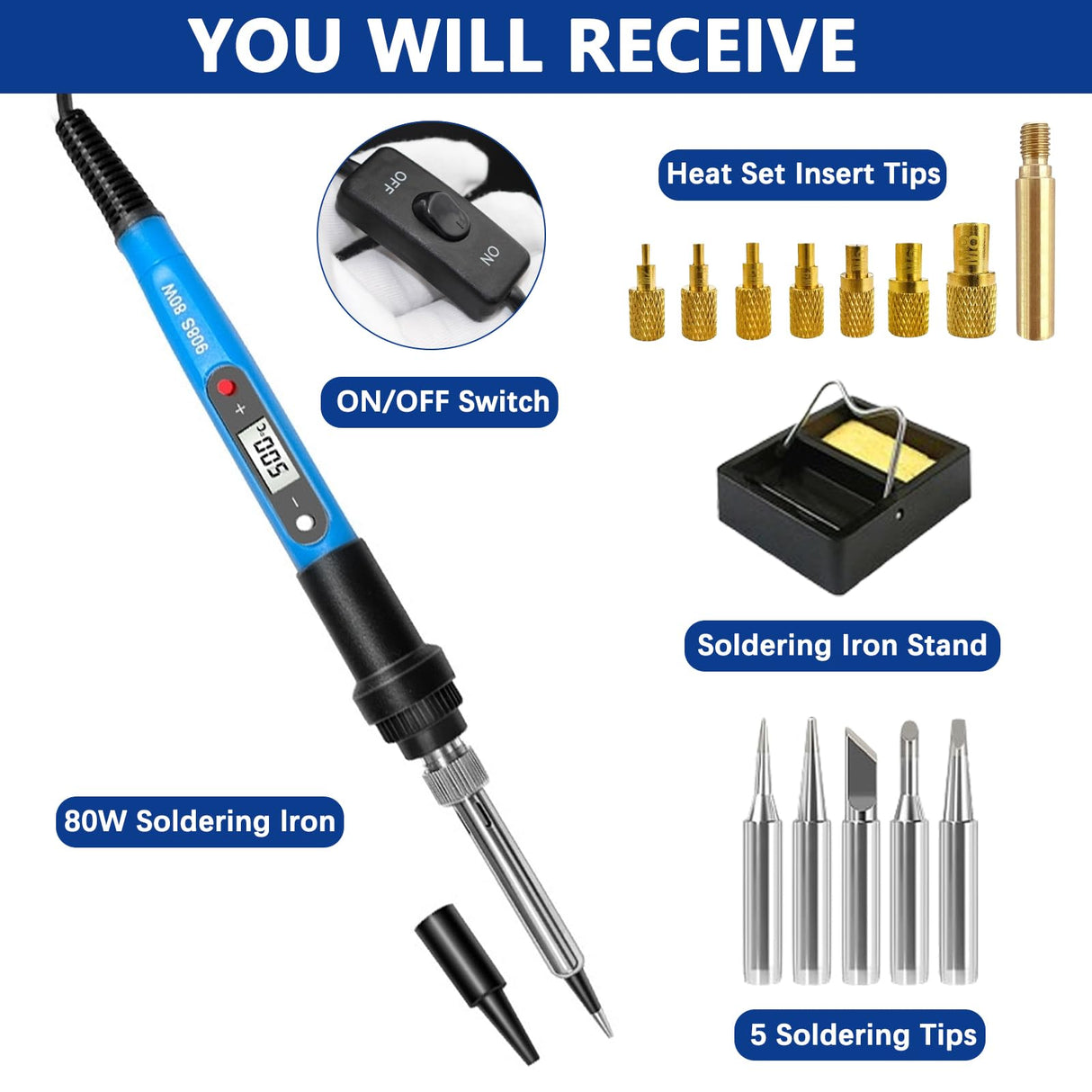 Soldering Iron Heat Set Insert Tool, 80W 110V LCD Digital Soldering Welding Iron Kit with Iron Tips and Heat Set Insert Tips, 16-in-1 Adjustable Temperature 180-500℃ Solder Kit, Blue Lunamor