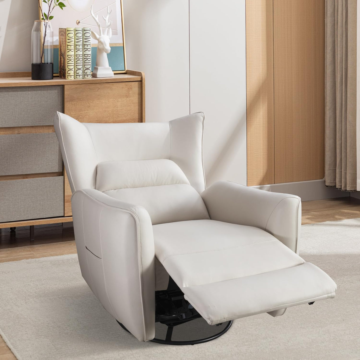 INZOY Power Swivel Rocker Recliner Glider, Oversize Electric Swivel Rocker Recliners with Highly Enveloping Backrest, Nursery Rocking Recliner Chair Leathaire Reclining Sofa for Living Room, White INZOY