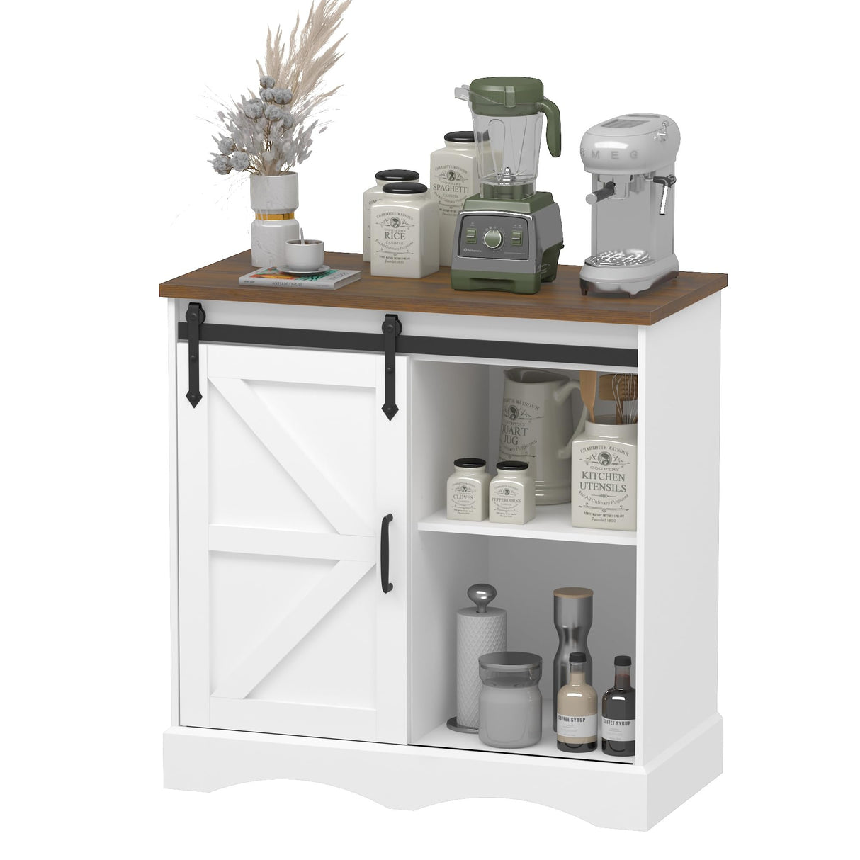 Hlivelood Farmhouse Coffee Bar Cabinet, White Buffet Storage Cabinet with Sliding Barn Door, 31.5” Kitchen Sideboard Accent Cabinet Adjustable Shelf, Dining Room Living Room Entryway, White & Brown Hlivelood