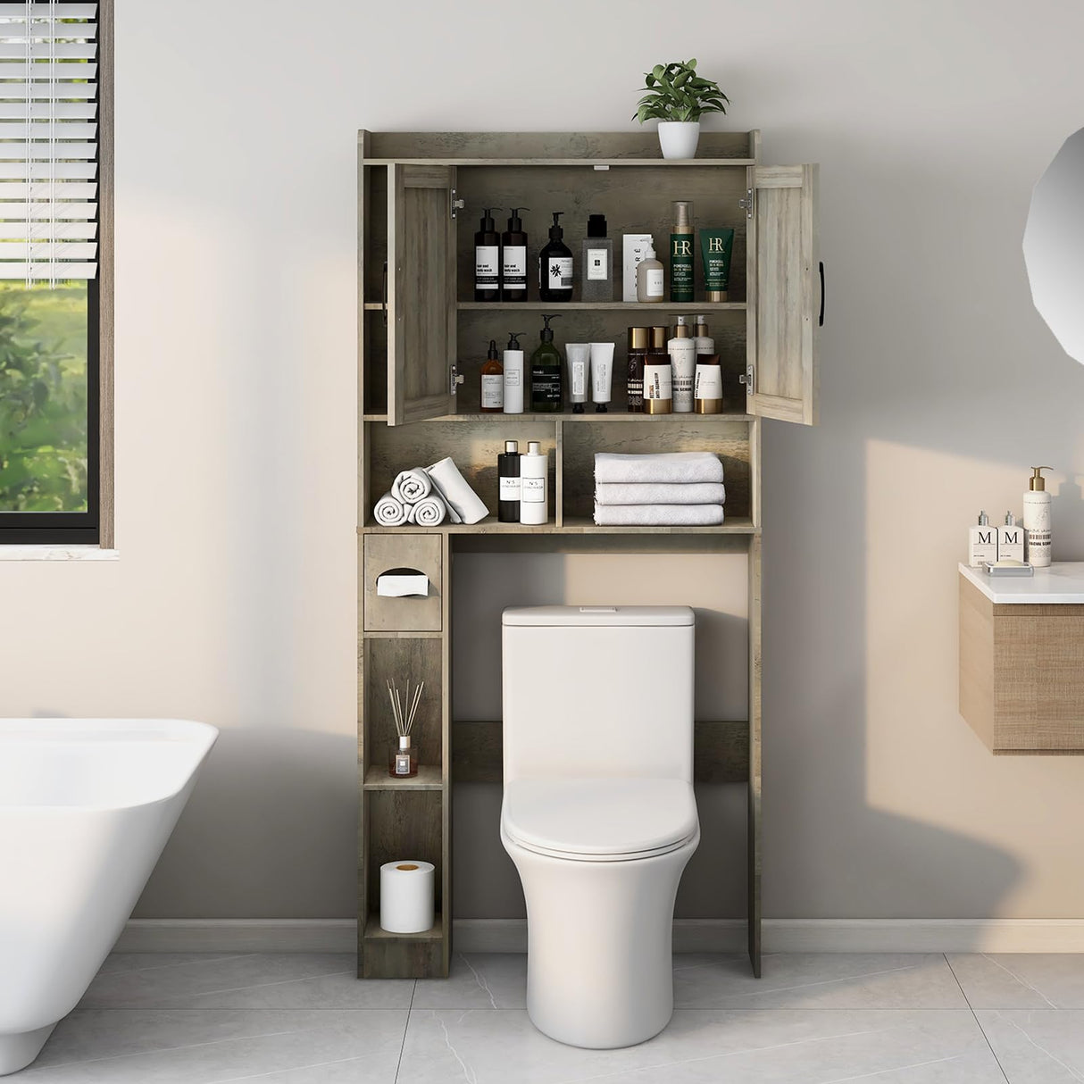 Vabches Grey Farmhouse Over The Toilet Storage Cabinet with Barn Doors and Toilet Paper Holder Vabches