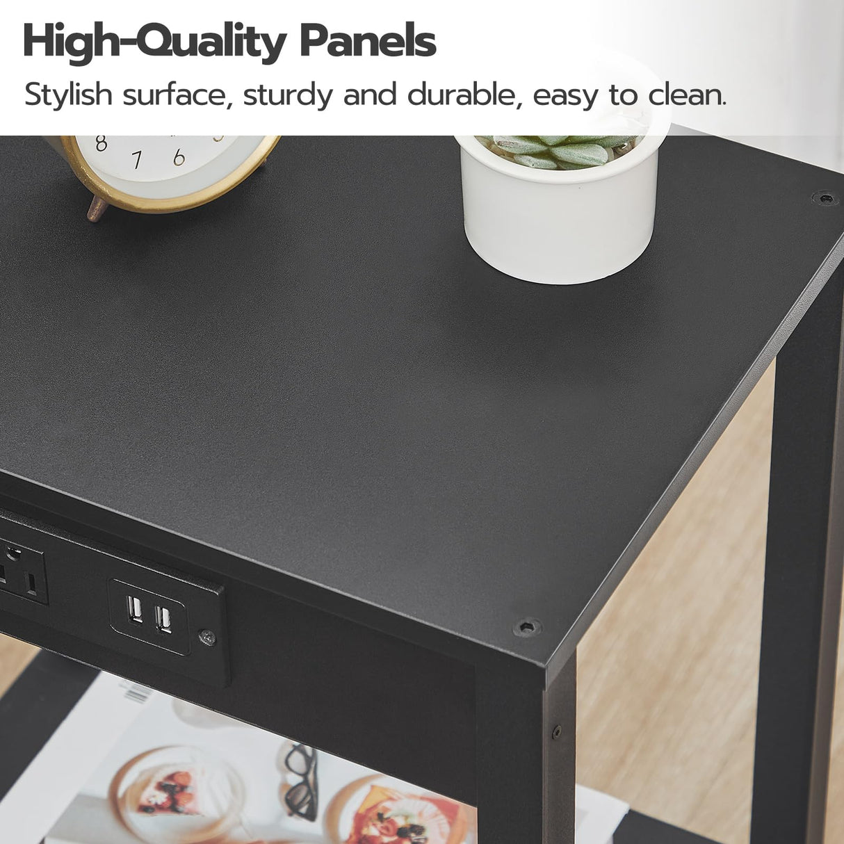 HOOBRO Side Table with Charging Station, Set of 2 End Tables with USB Ports and Outlet, Nightstand with 2-Tier Storage Shelf, for Living Room, Bedroom, Small Space, Black BK91UBZP201 HOOBRO