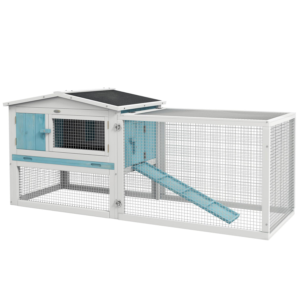 PawHut Rabbit Hutch 2-Story Bunny Cage, Guinea Pig Cage Indoor Outdoor, Small Animal House with Slide Out Tray, for Rabbits, Chickens, Ducks, 61.5" x 23" x 27", Light Blue PawHut