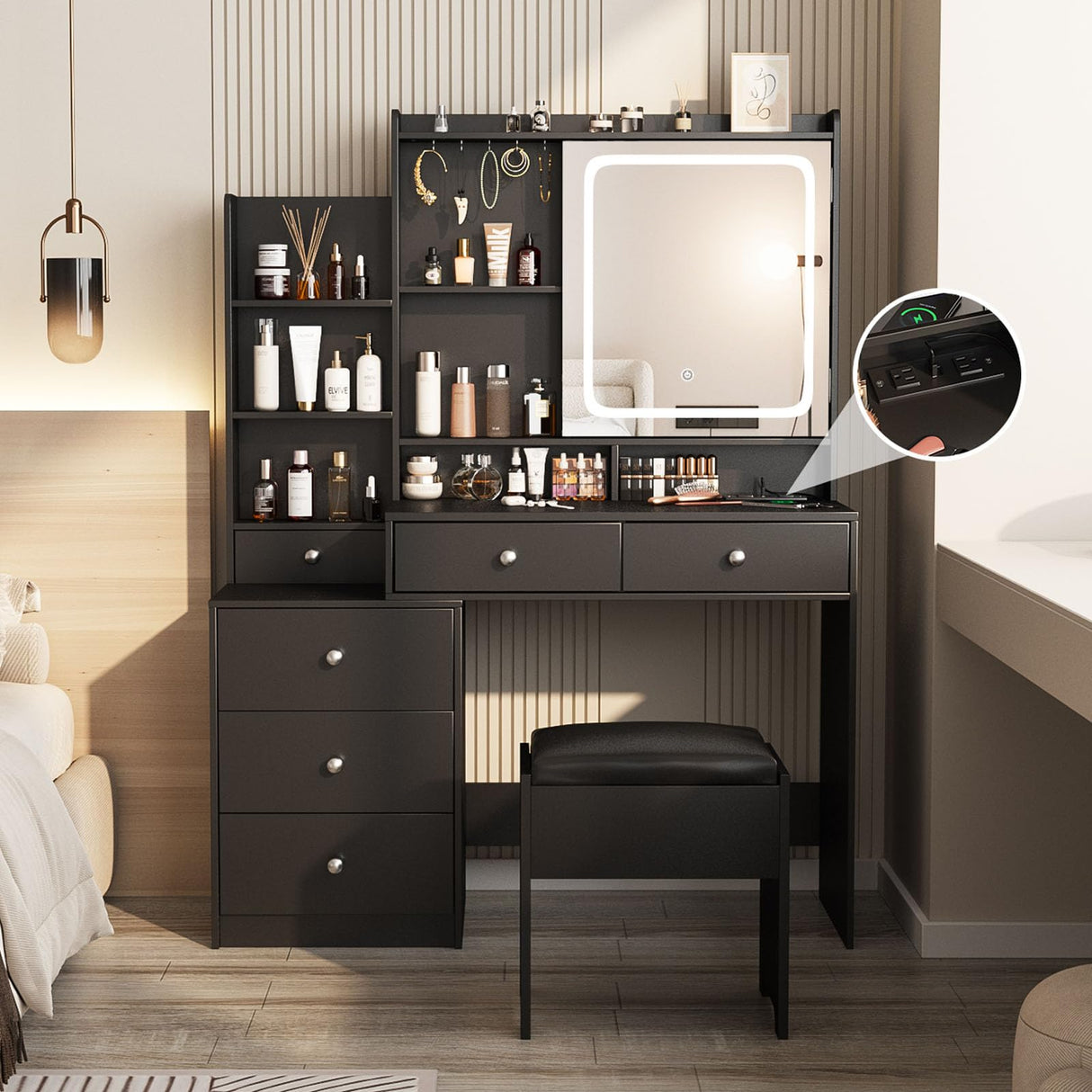 Vabches Vanity Makeup Mirror Desk with Stool,Makeup Vanity Set with 6 Drawers and Shelves,Vanity Table with Power Strip,Vanity Mirror 3 Lighting Color Adjustable,Black Vabches