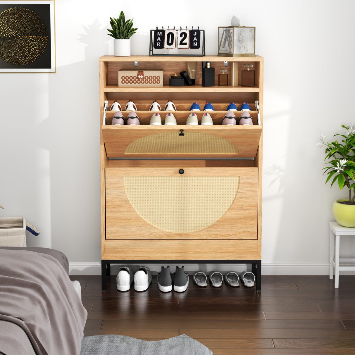 Gyfimoie Rattan Shoe Cabinet with 2 Flip Drawers, Free Standing Narrow Shoe Storage Organizer with Top Cubby, Slim Shoe Rack Cabinet for Entryway, Natural (Natural) Gyfimoie