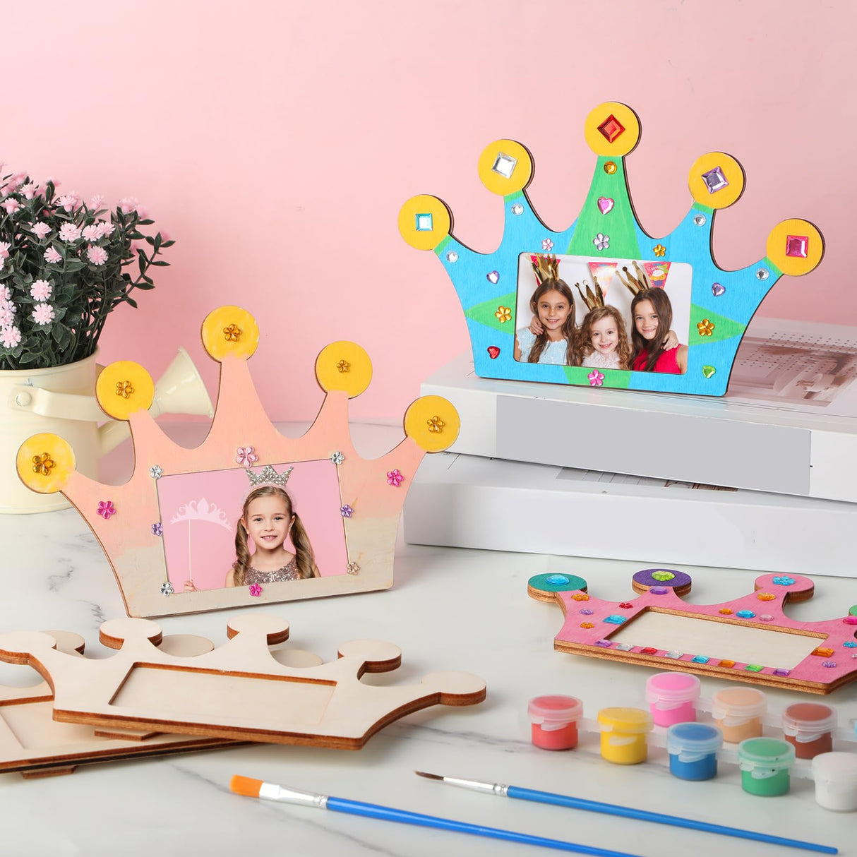 Blueweenly 12 Pcs DIY Picture Frame Painting Craft Kits for Kids Wooden Crown Princess Party Favors Paint and DIY Your Own Frame with 88 Cell Rhinestone Stickers 12 Color Paint for Girls Birthday Blueweenly