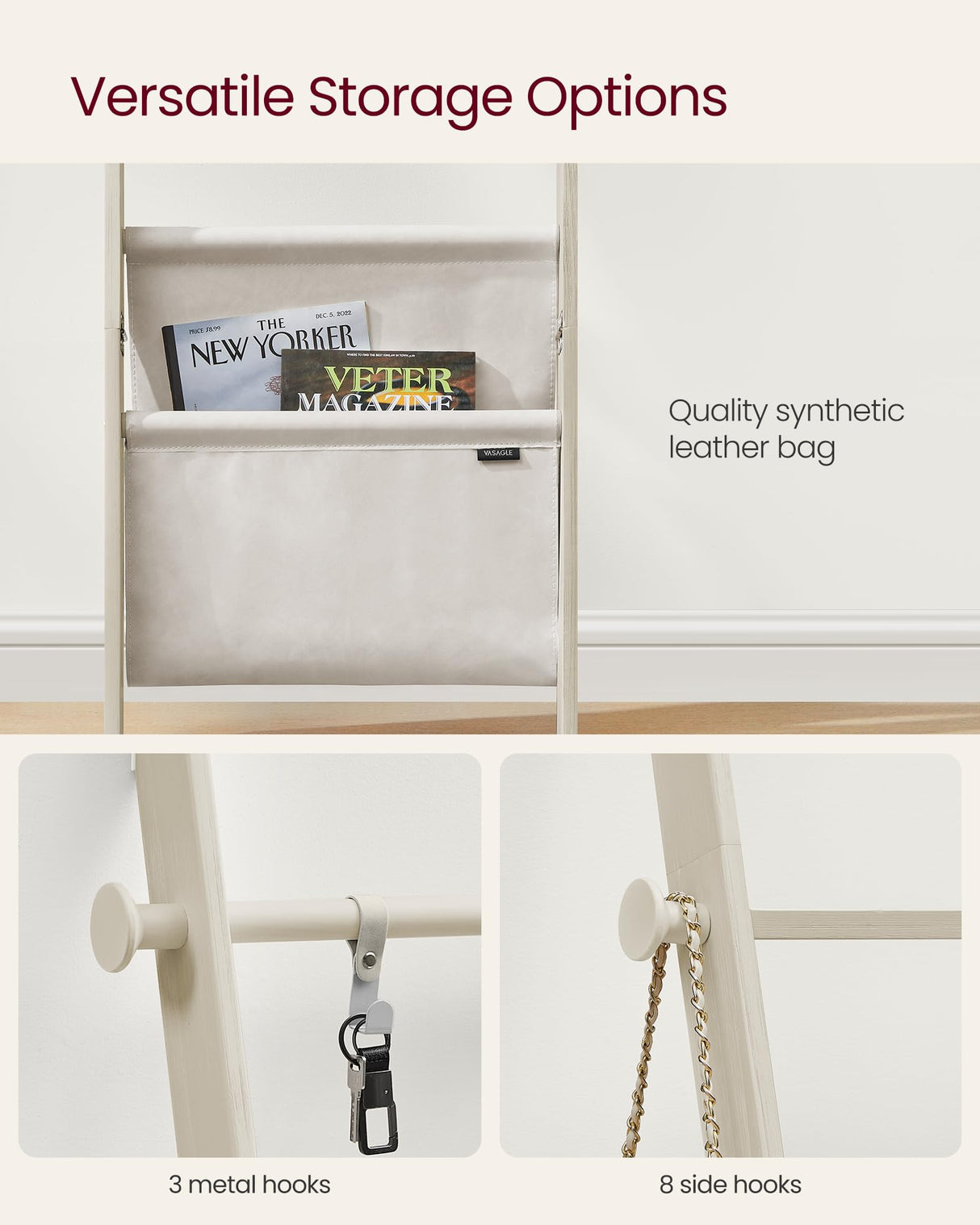 VASAGLE Blanket Ladder for Living Room, 5-Tier Wooden Ladder Shelf, Decorative Farmhouse Blanket Rack with Synthetic Leather Bag, Metal Hooks, Side Hooks, for Bedroom, Cream White ULLS022W01 VASAGLE