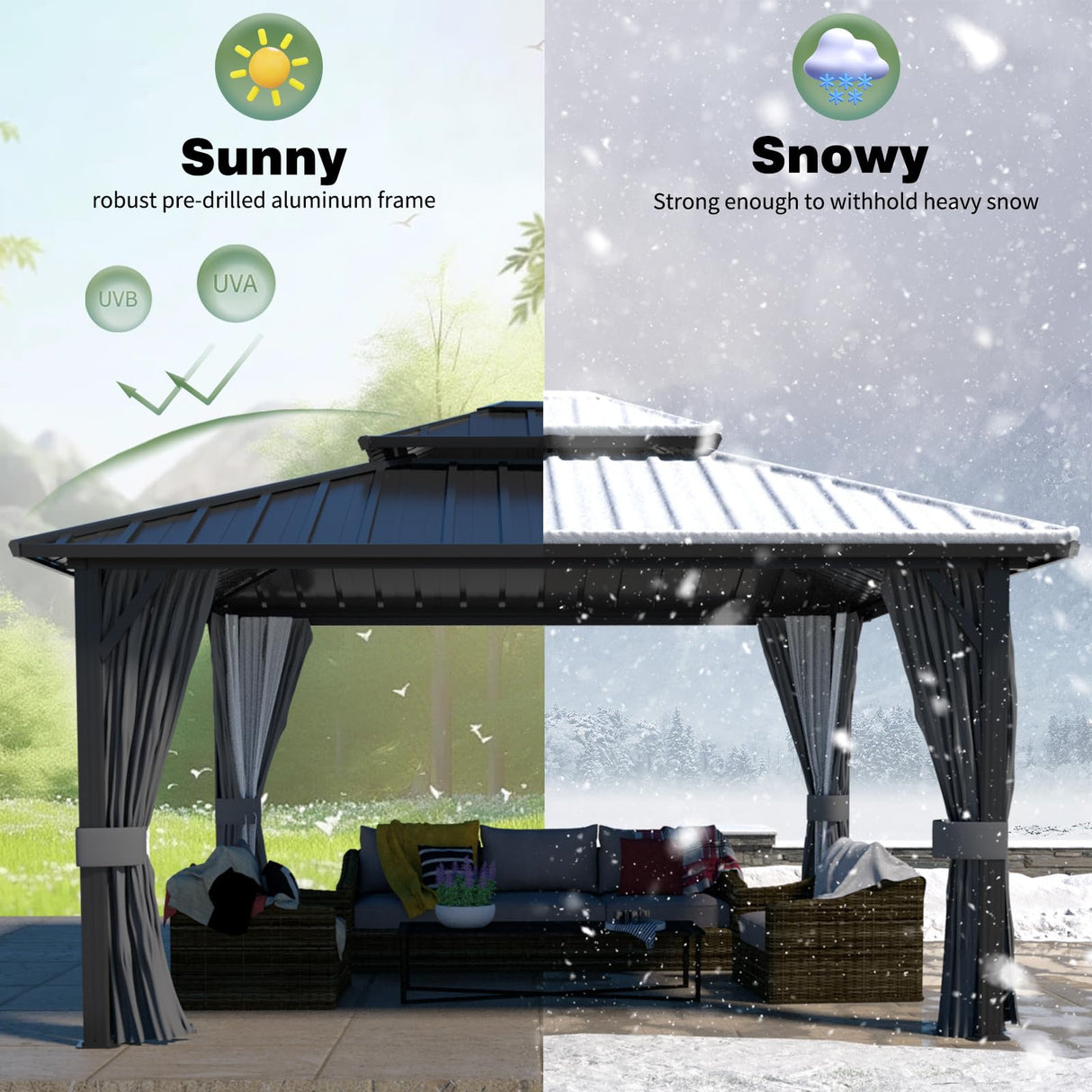 Yardenaler 12x14 FT Hardtop Gazebo Canopy with Double Galvanized Steel Roof, Permanent Outdoor Pavilion with Curtain & Mesh Netting for Patio. Garden, Backyard, Black Yardenaler