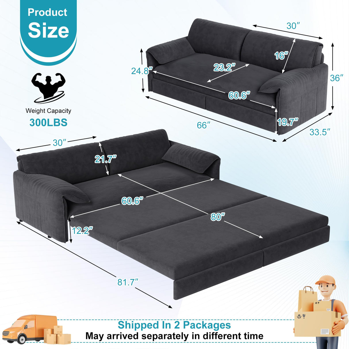 Lyngins 66 Inch Queen Size Sleeper Sofa Bed, 3 in 1 Convertible Pull Out Couch Velvet Loveseat Sofa Couch Bed with Side Pockets for Apartment, Bedroom, Living Room, Dark Gray Lyngins