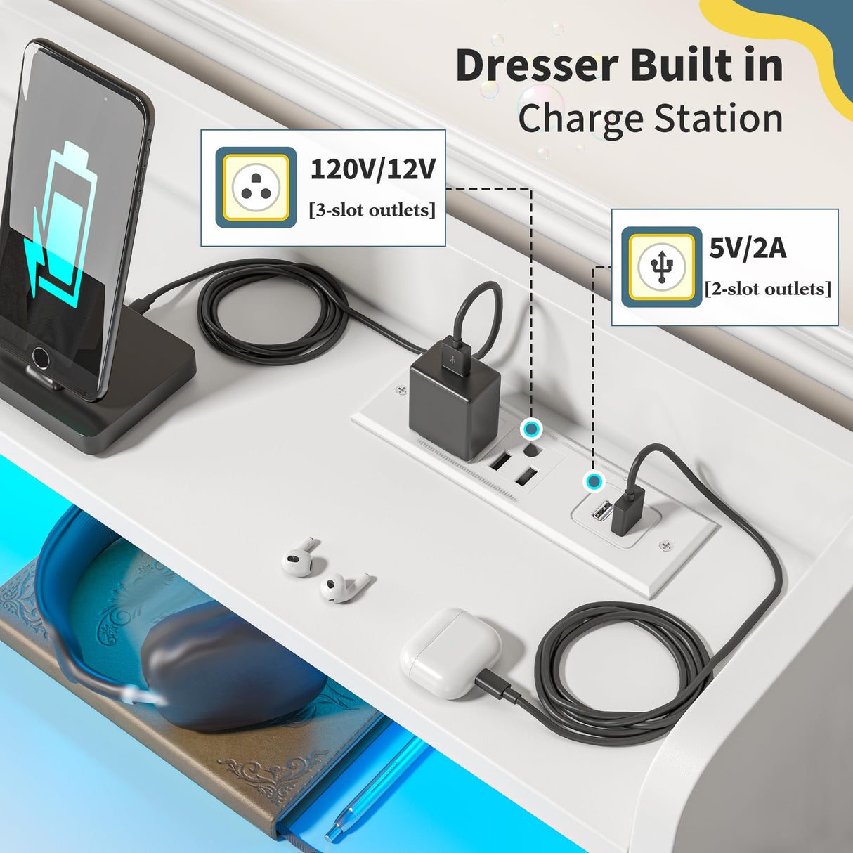 DurayLoly Modern Dresser for Bedroom with LED Light, 9 Drawer White Dresser with Charging, Wooden Chest of Drawers, Large TV Stand for Bedroom DurayLoly