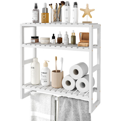 Galood Over The Toilet Storage Bathroom Shelves Wall Mounted 3 Tier Space Saver Corner Shelf Organizer Bamboo Towel Rack Toilet Paper Cabinet with Hanging Rod White
