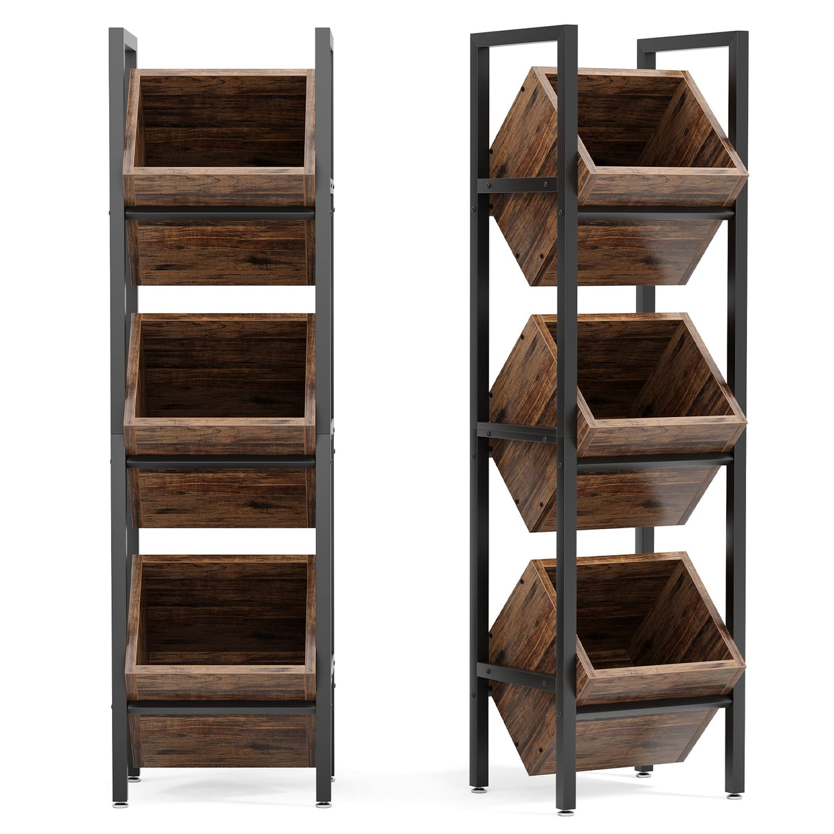 LITTLE TREE 3-Tier Basket Stand, Wooden Floor Stand Shelving Unit, Rustic Standing Organizer Storage Rack for Kitchen, Bathroom, Living Room LITTLE TREE