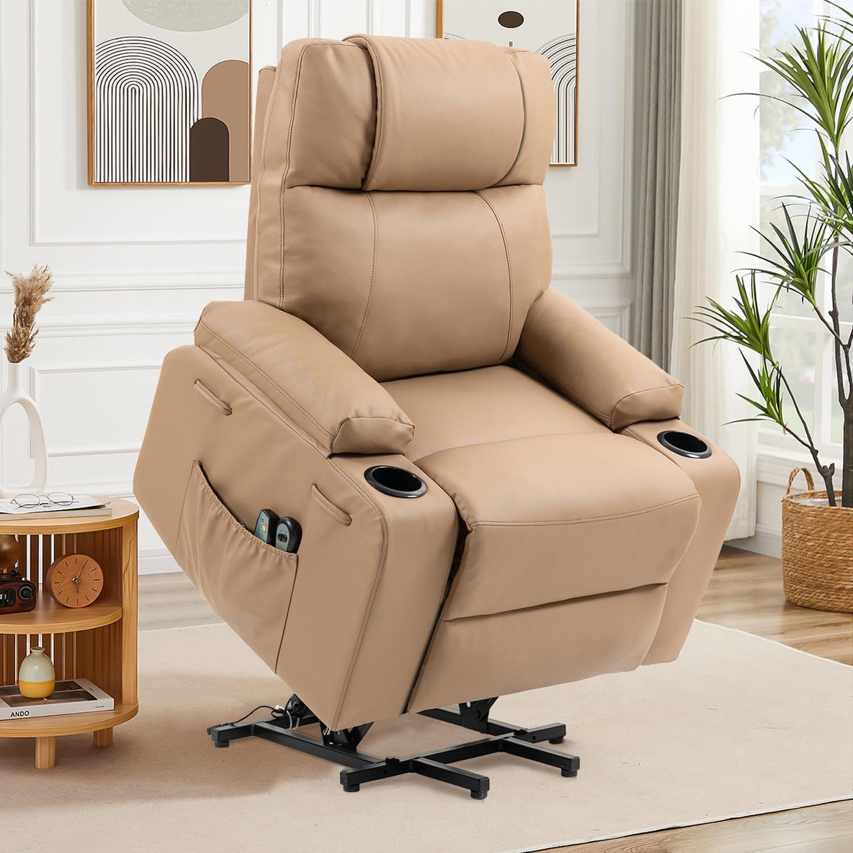 Power Lift Recliner Chair for Elderly, Electric Stand Assist Reclining Chair with Massage and Heat Function, Leather Living Room Furniture, Comfy Single Sofa with Cup Holders, Side Pockets, Brown BRTHORY