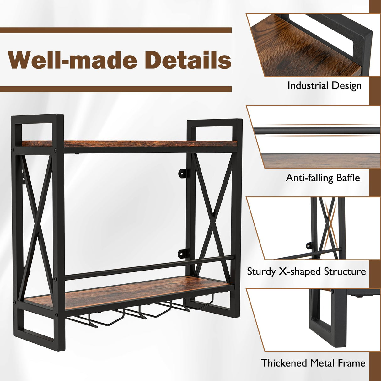 Giantex Industrial Wall Mounted Wine Rack, 2-Tier Metal Hanging Wine Bottle Glass Rack with 14-Bottle & 12-Mug Holders, Wall Wine Floating Shelves for Home Bar, Kitchen, Dining Room, Rustic Brown Giantex