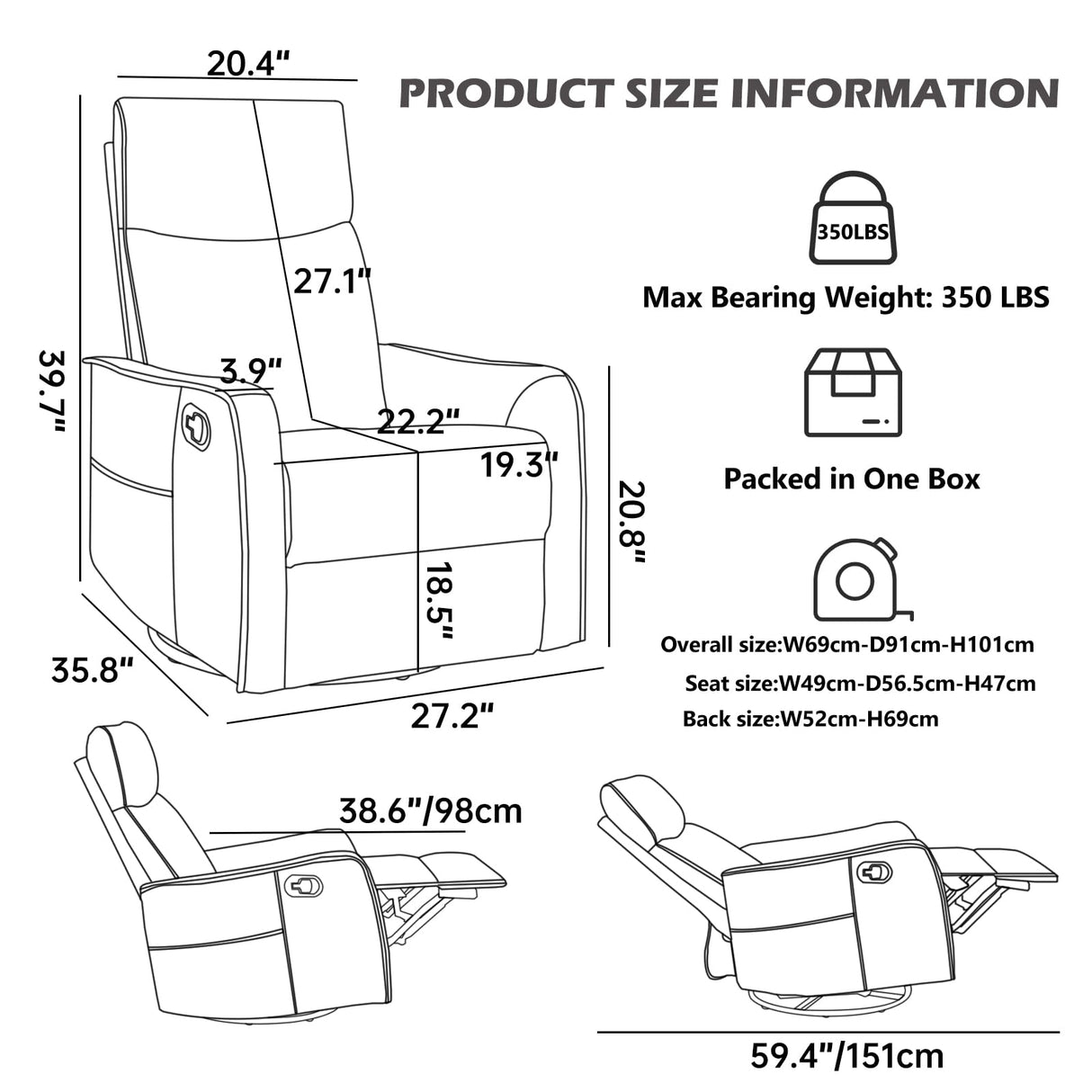 Trustyue Manual Recliner Chair, 360° Swivel Rocker Recliner with Heat and Massage for Small Space, Upholstered Fabric Glider Rocking Chair Nursery Chair with Side Pockets for Living Room, Grey Trustyue