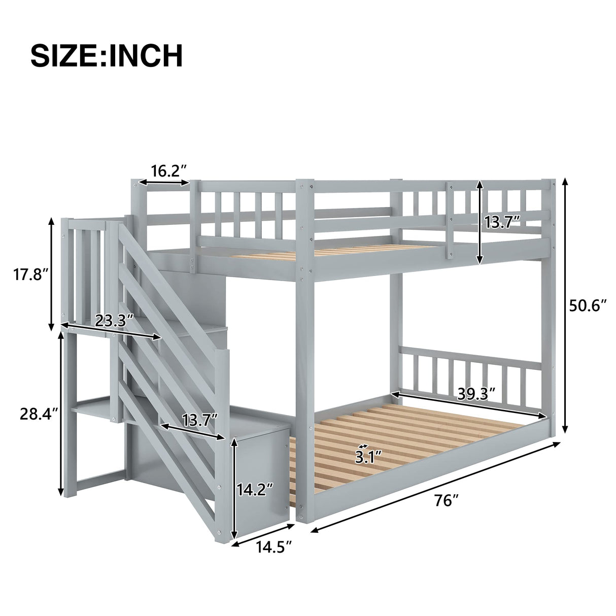 P PURLOVE Twin Over Twin Low Bunk Bed with Storage Stairs in Grey P PURLOVE