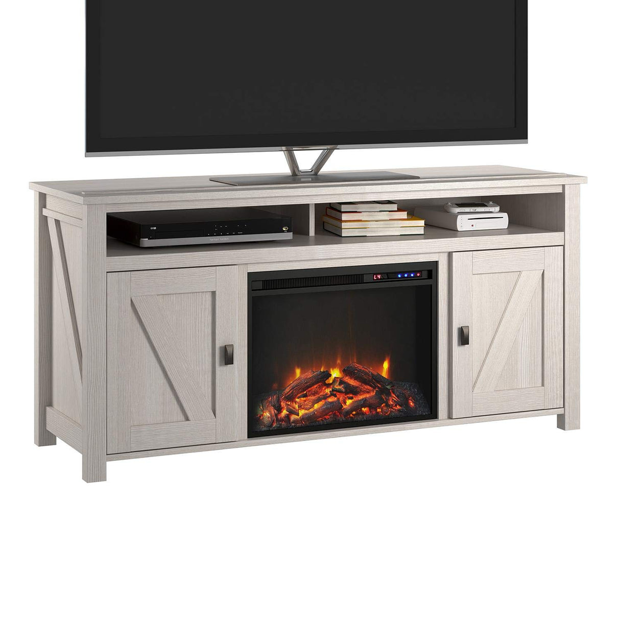 Ameriwood Home Farmington Electric Fireplace Console 60", Pine TV Stand, Ivory Oak Ameriwood Home