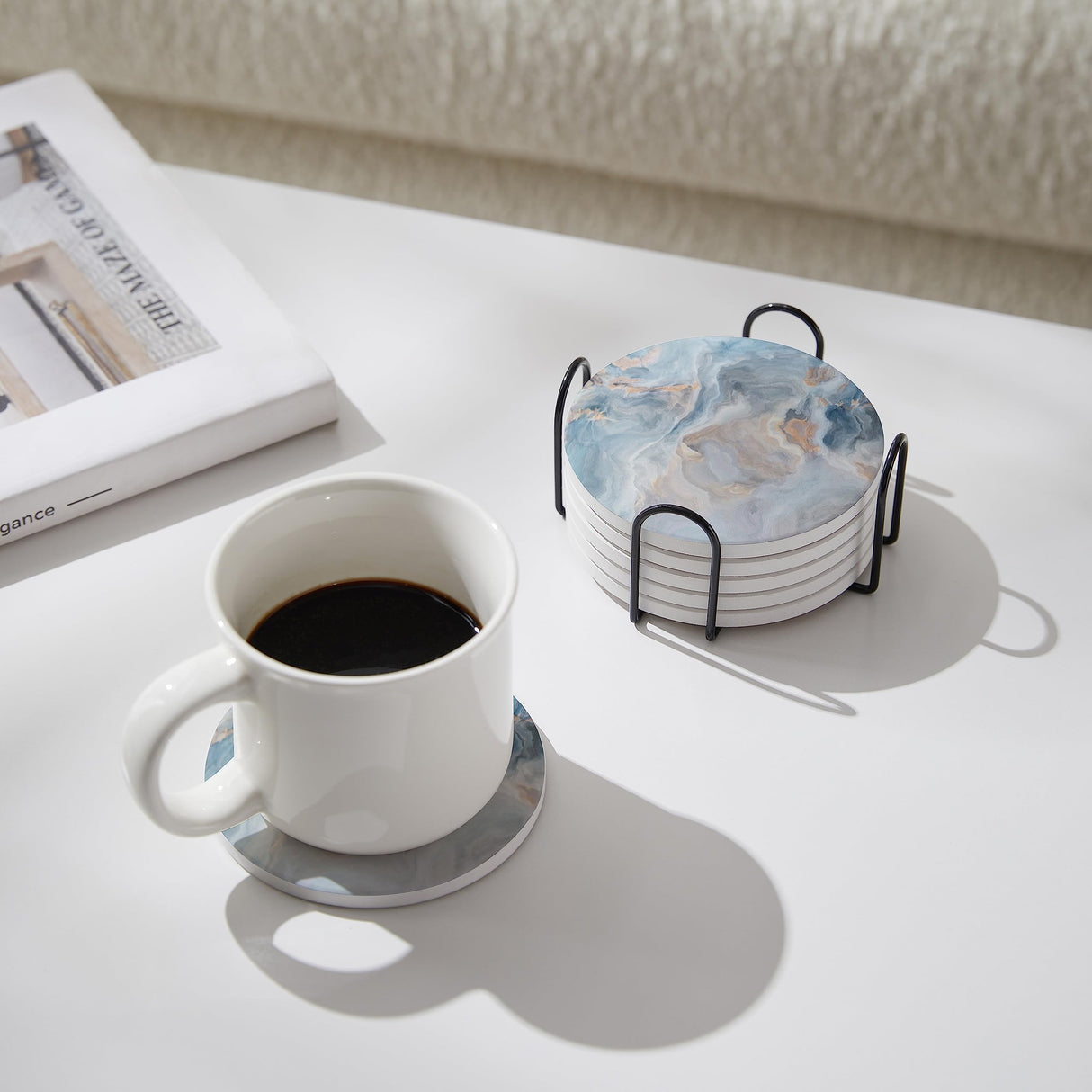 Hoomey Set of 6 Abstract Blue Marble Coasters with Holder, Absorbent Ceramic Coasters for Drinks, Coasters with Cork Backing for Table Protection, Housewarming Gifts for New Home Hoomey